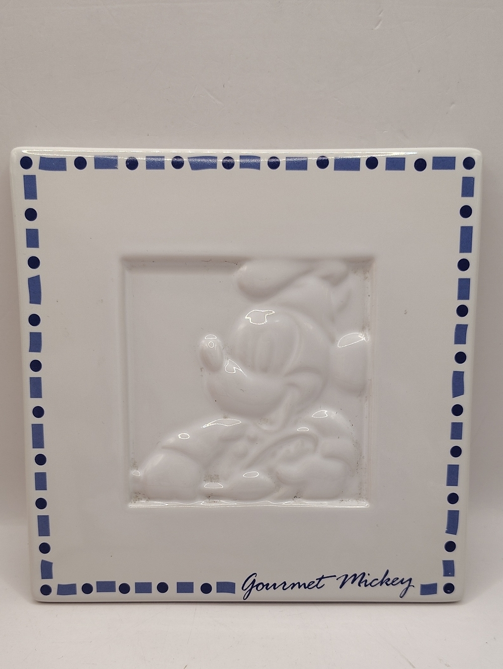 Gourmet Mickey Mouse White Ceramic Decorative Tile with Blue Trim